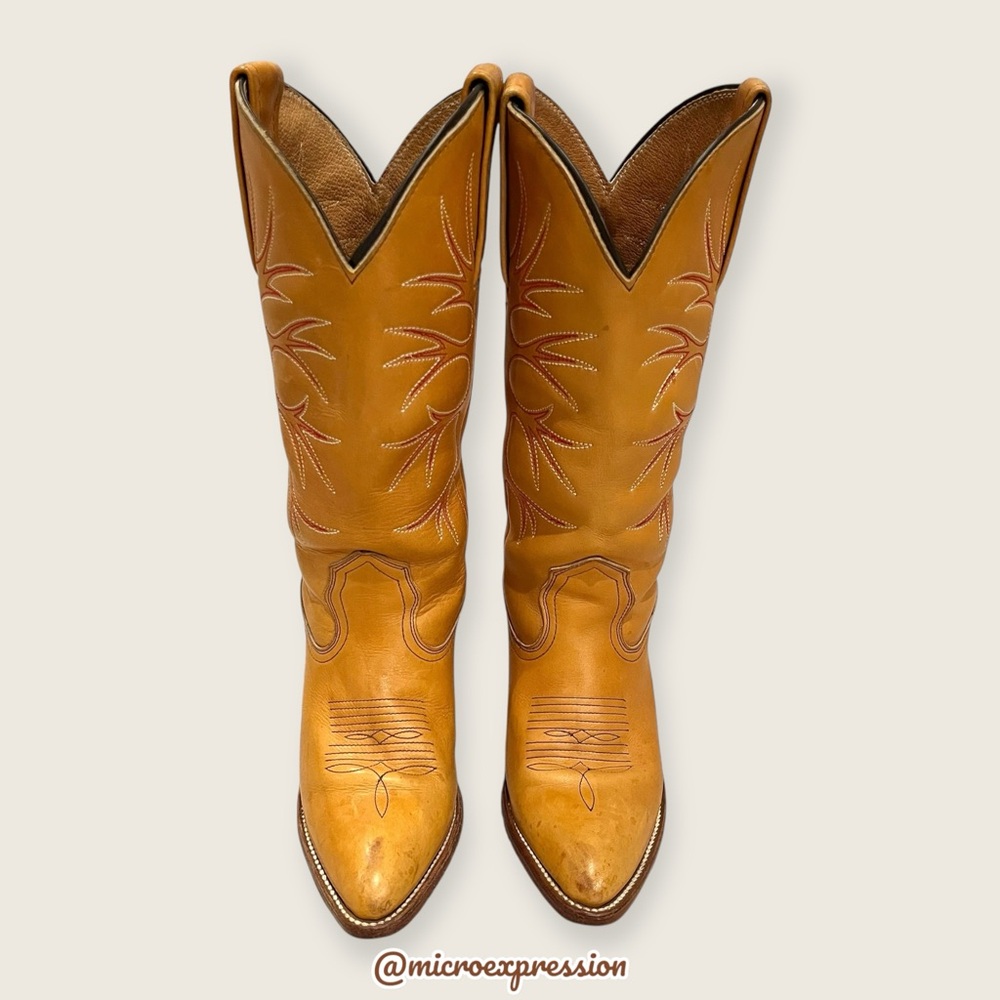 1980s VINTAGE Frye Fire/Flame Banana Yellow Tan Embroidered Cowboy Western Boot - Picture 6 of 13